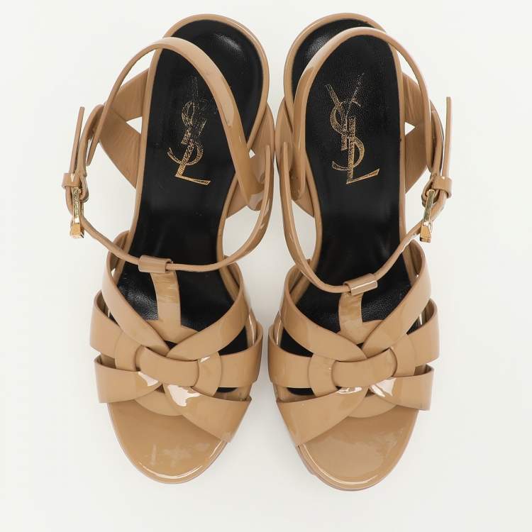 Pre Owned Saint Laurent Beige Patent Leather Tribute Platform Sandals Size 35