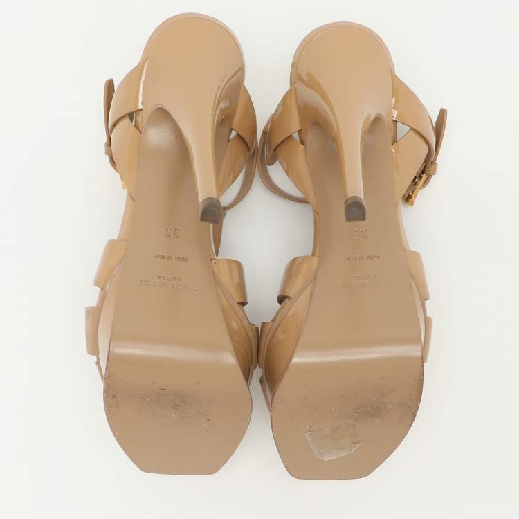 Pre Owned Saint Laurent Beige Patent Leather Tribute Platform Sandals Size 35