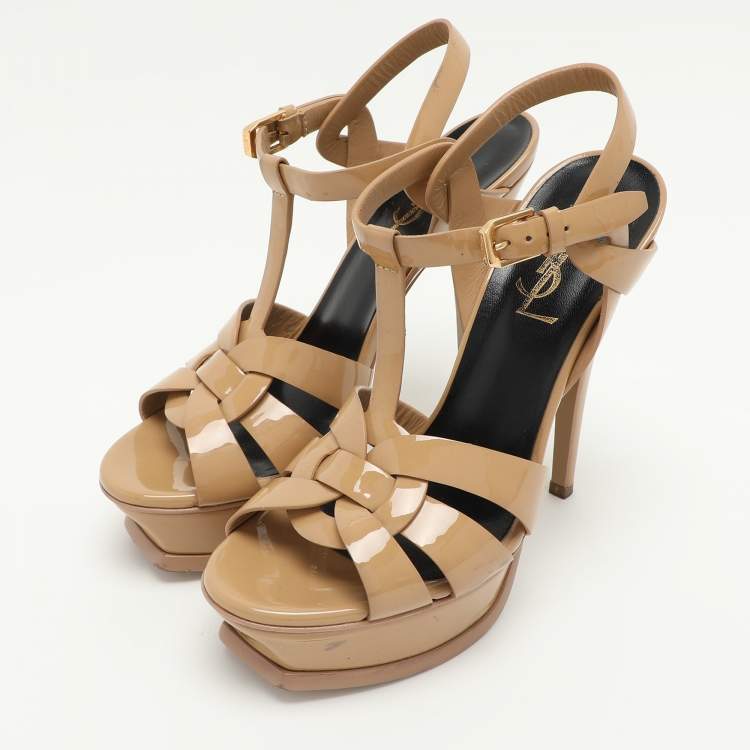 Pre Owned Saint Laurent Beige Patent Leather Tribute Platform Sandals Size 35