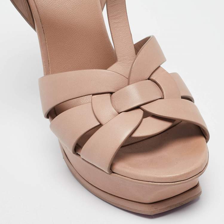 Pre Owned Saint Laurent Beige Leather Tribute Platform Sandals Size 35