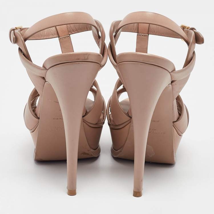 Pre Owned Saint Laurent Beige Leather Tribute Platform Sandals Size 35