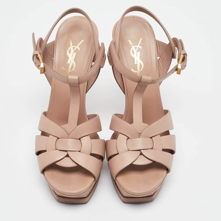 Pre Owned Saint Laurent Beige Leather Tribute Platform Sandals Size 35