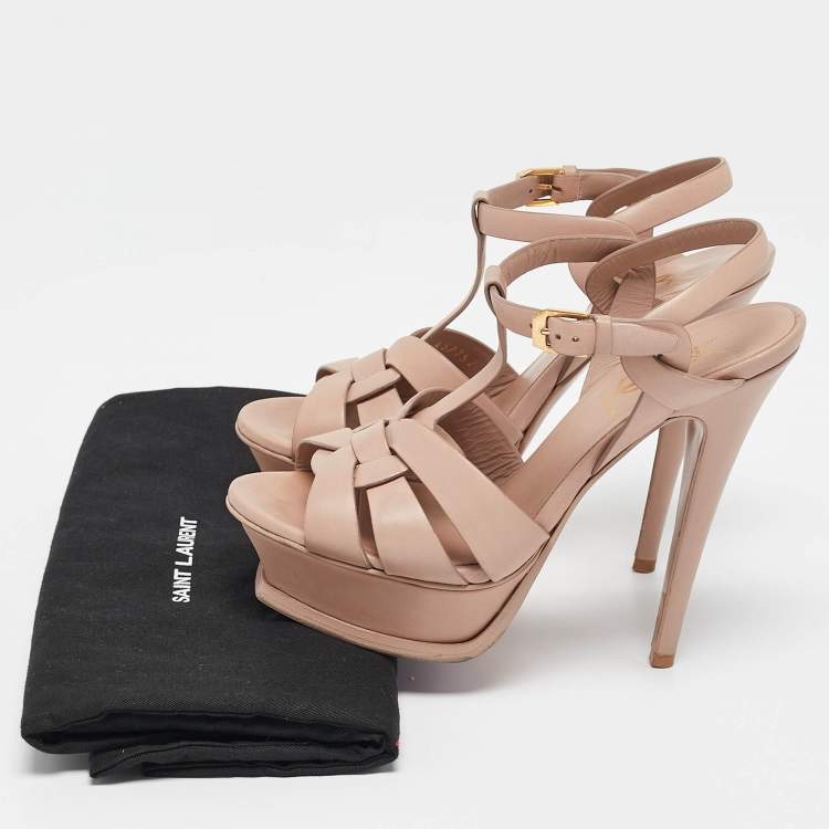 Pre Owned Saint Laurent Beige Leather Tribute Platform Sandals Size 35