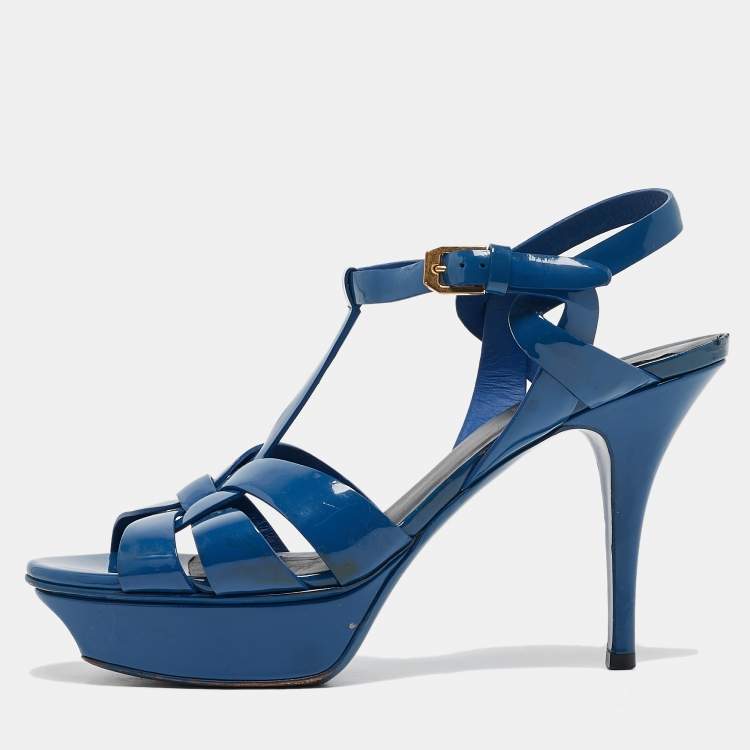 Pre Owned Saint Laurent Blue Patent Leather Tribute Platform Sandals Size 38