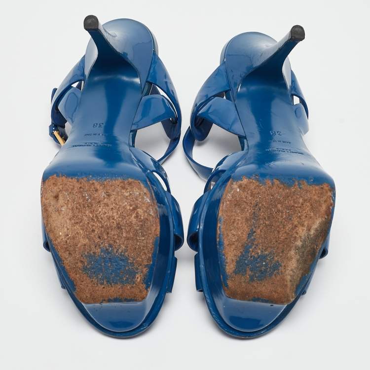 Pre Owned Saint Laurent Blue Patent Leather Tribute Platform Sandals Size 38