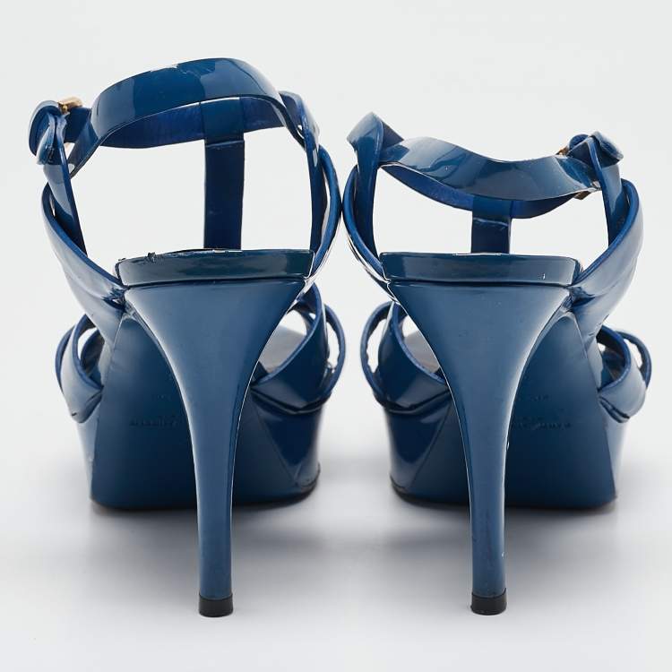 Pre Owned Saint Laurent Blue Patent Leather Tribute Platform Sandals Size 38