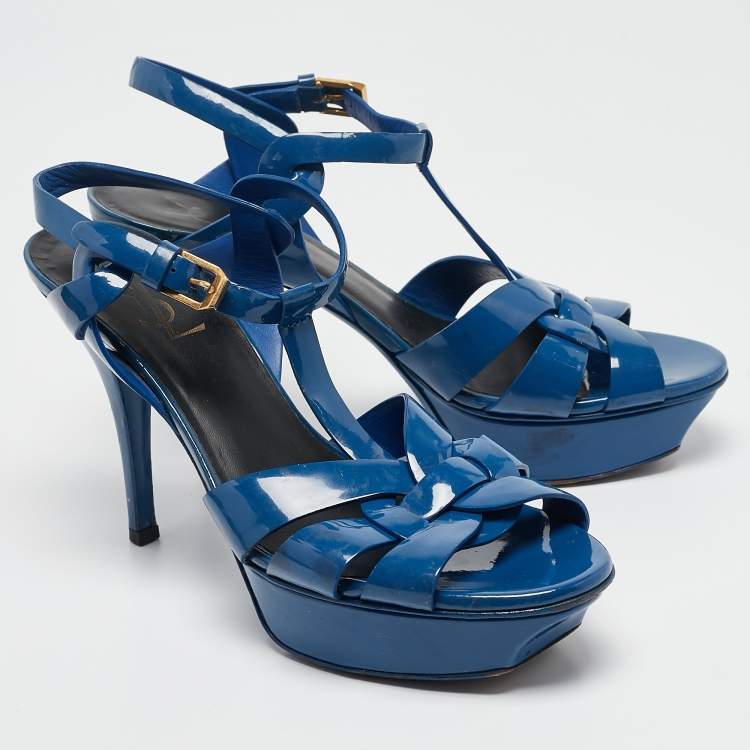 Pre Owned Saint Laurent Blue Patent Leather Tribute Platform Sandals Size 38