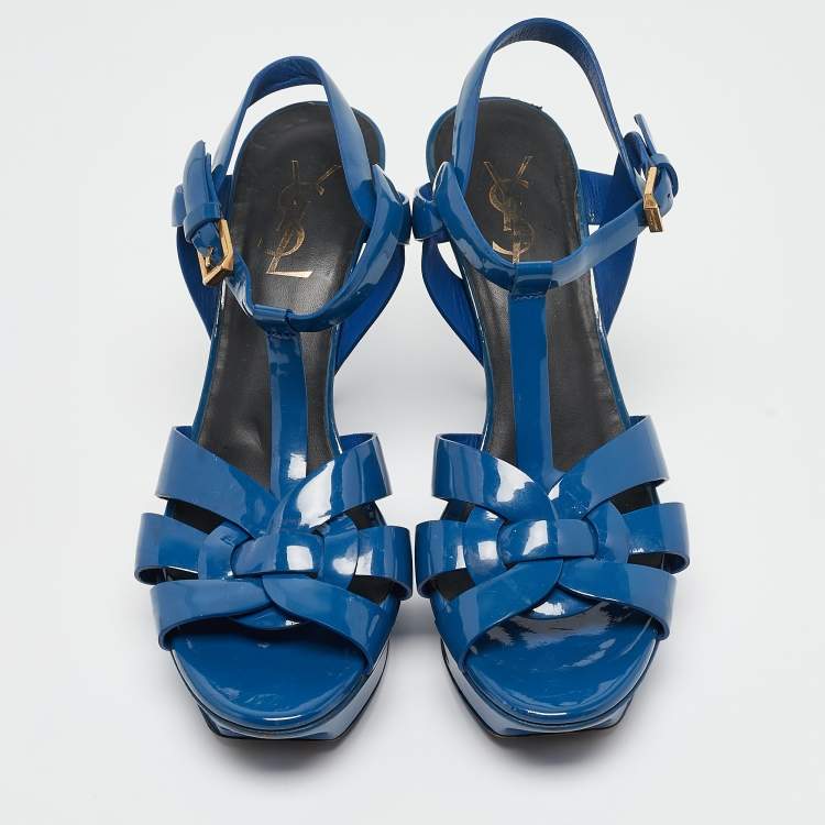 Pre Owned Saint Laurent Blue Patent Leather Tribute Platform Sandals Size 38