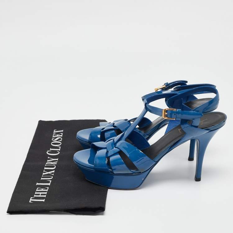 Pre Owned Saint Laurent Blue Patent Leather Tribute Platform Sandals Size 38