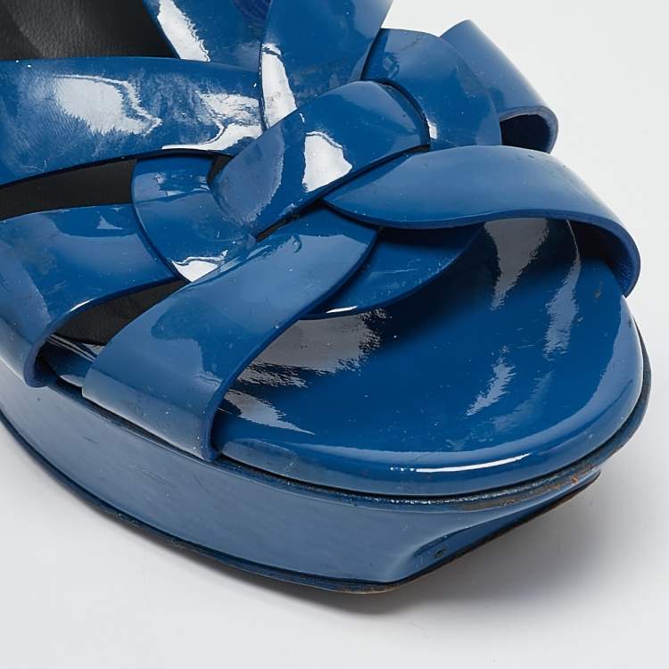 Pre Owned Saint Laurent Blue Patent Leather Tribute Platform Sandals Size 38