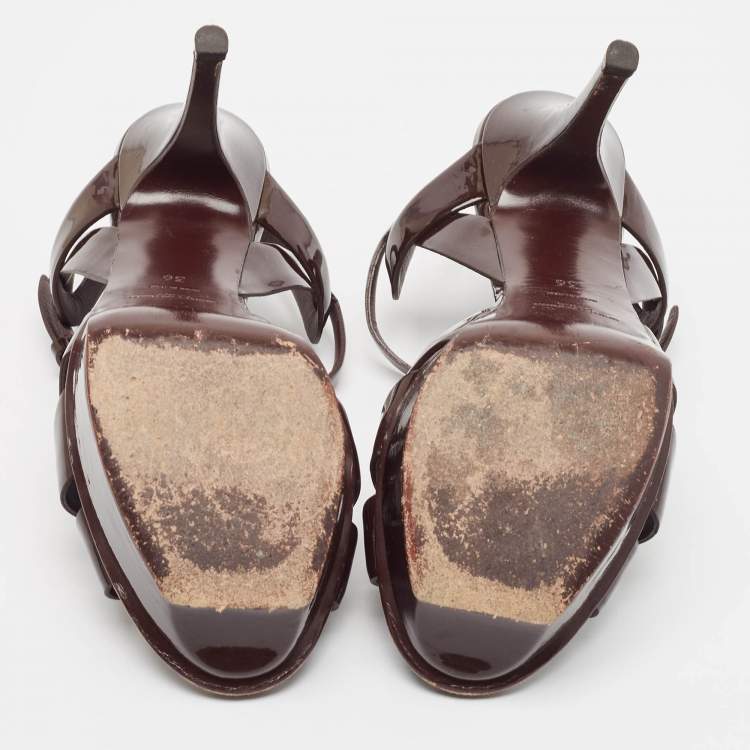 Pre Owned Saint Laurent Dark Brown Patent Leather Tribute Sandals Size 36