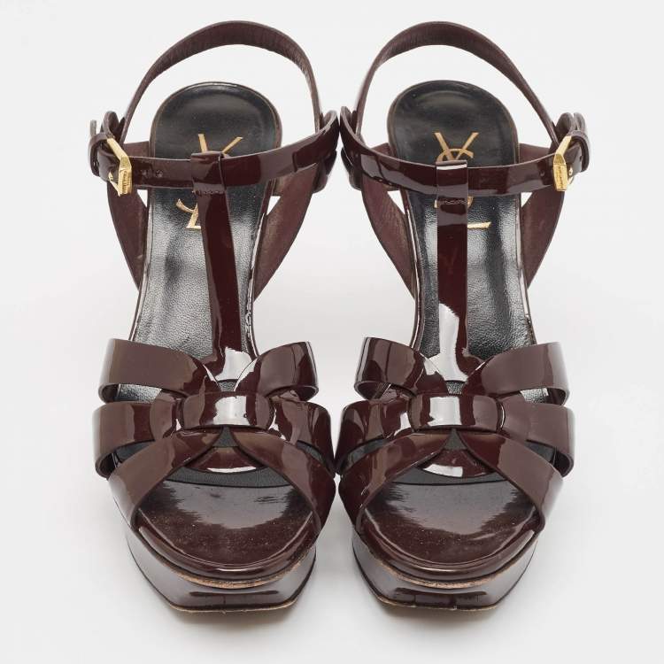 Pre Owned Saint Laurent Dark Brown Patent Leather Tribute Sandals Size 36