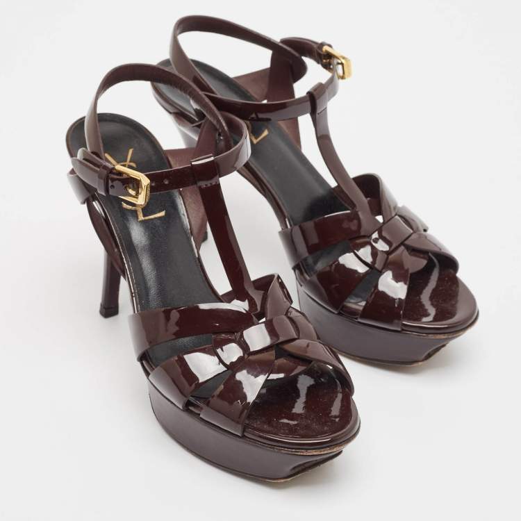 Pre Owned Saint Laurent Dark Brown Patent Leather Tribute Sandals Size 36