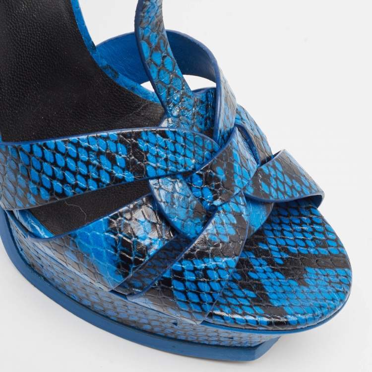 Pre Owned Saint Laurent Blue/Black Embossed Snakeskin Tribute Sandals Size 39.5