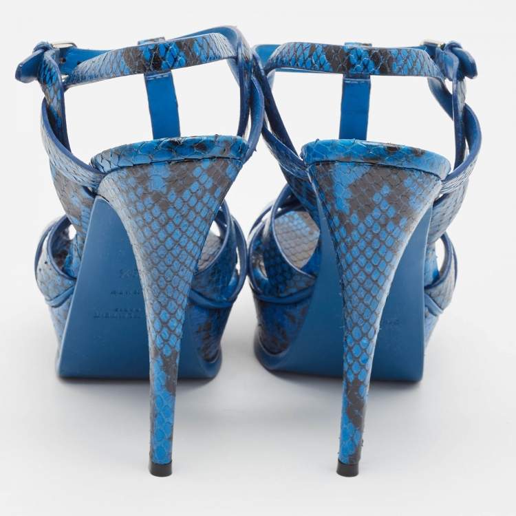 Pre Owned Saint Laurent Blue/Black Embossed Snakeskin Tribute Sandals Size 39.5