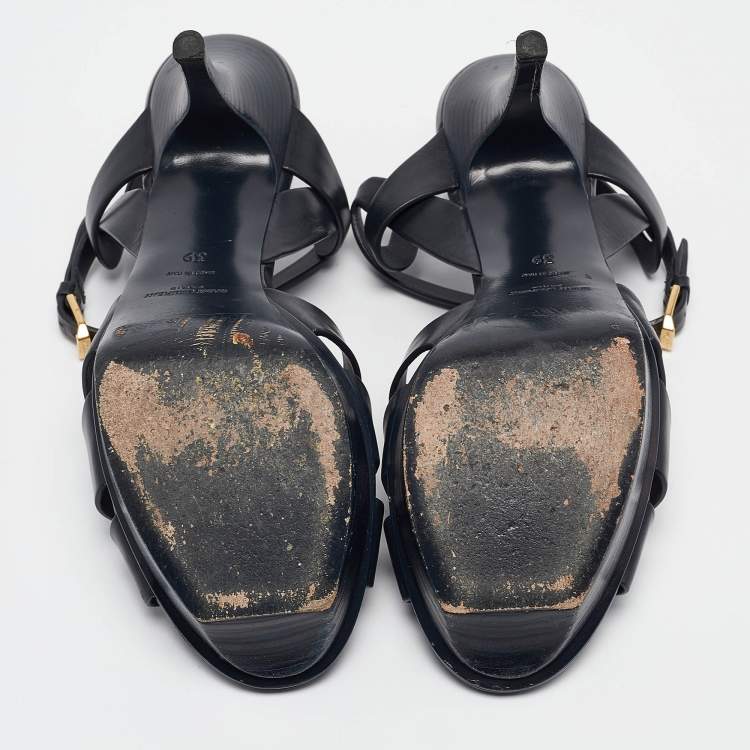 Pre Owned Saint Laurent Navy Blue Leather Tribute Sandals Size 39