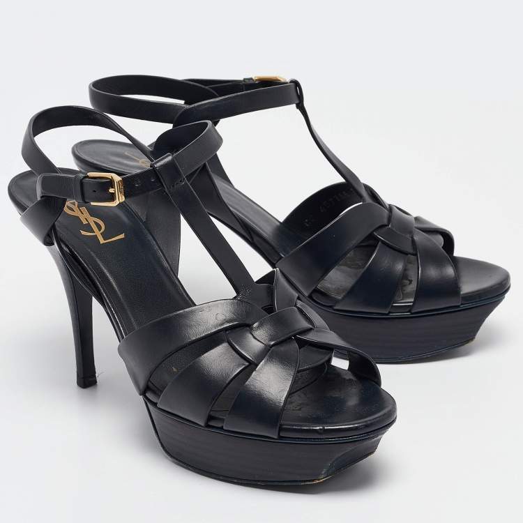 Pre Owned Saint Laurent Navy Blue Leather Tribute Sandals Size 39