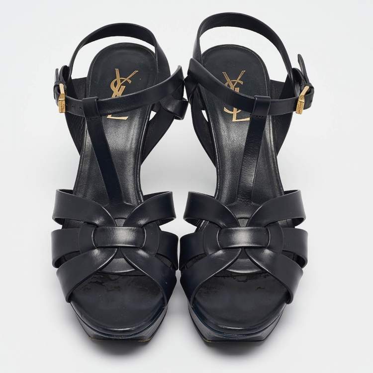 Pre Owned Saint Laurent Navy Blue Leather Tribute Sandals Size 39