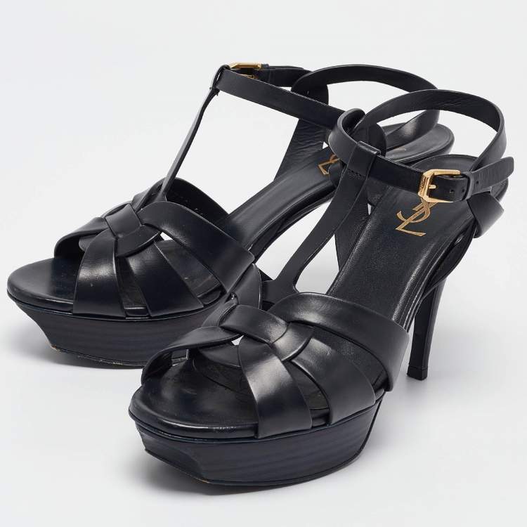 Pre Owned Saint Laurent Navy Blue Leather Tribute Sandals Size 39
