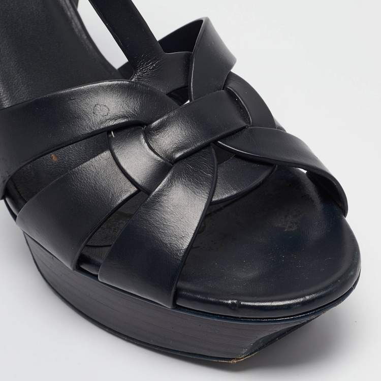 Pre Owned Saint Laurent Navy Blue Leather Tribute Sandals Size 39