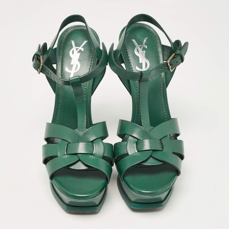 Pre Owned Saint Laurent Green Leather Tribute Platform Sandals Size 37.5