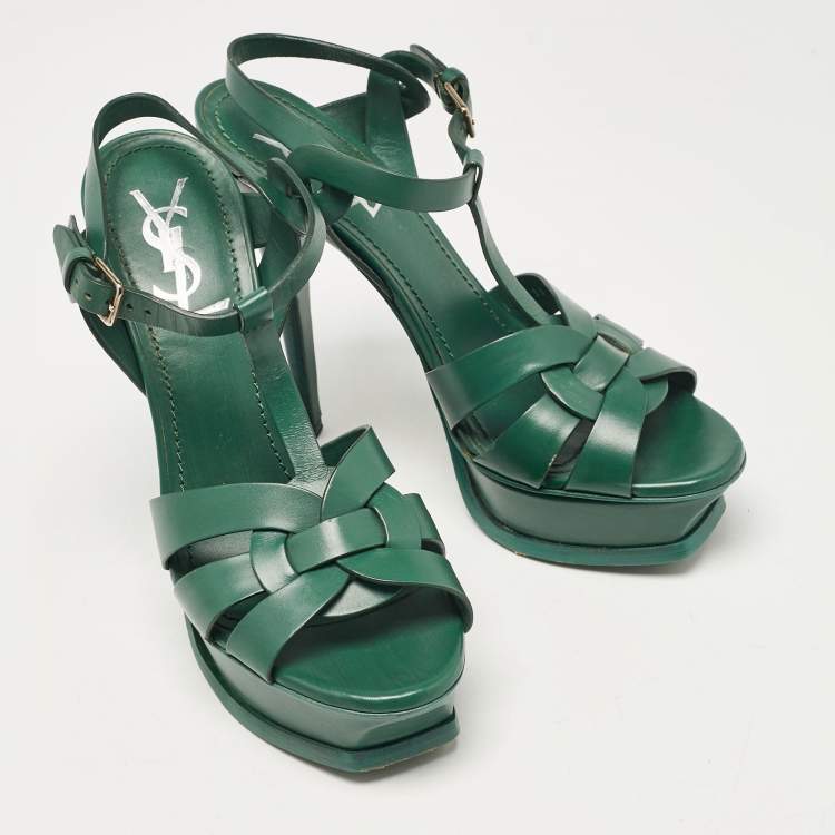 Pre Owned Saint Laurent Green Leather Tribute Platform Sandals Size 37.5