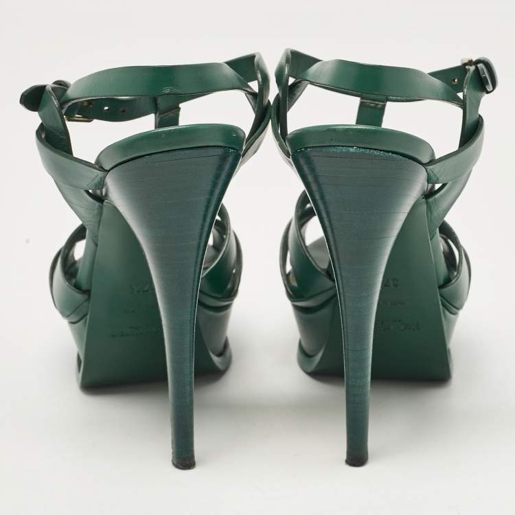 Pre Owned Saint Laurent Green Leather Tribute Platform Sandals Size 37.5