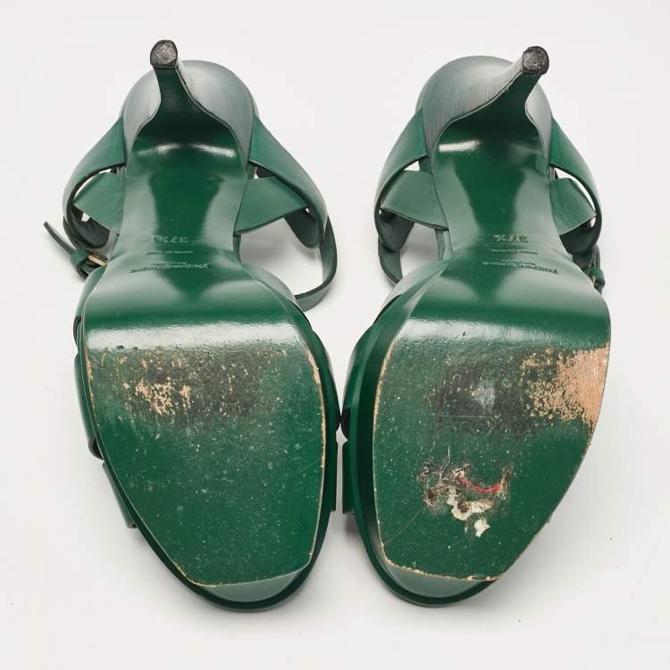 Pre Owned Saint Laurent Green Leather Tribute Platform Sandals Size 37.5
