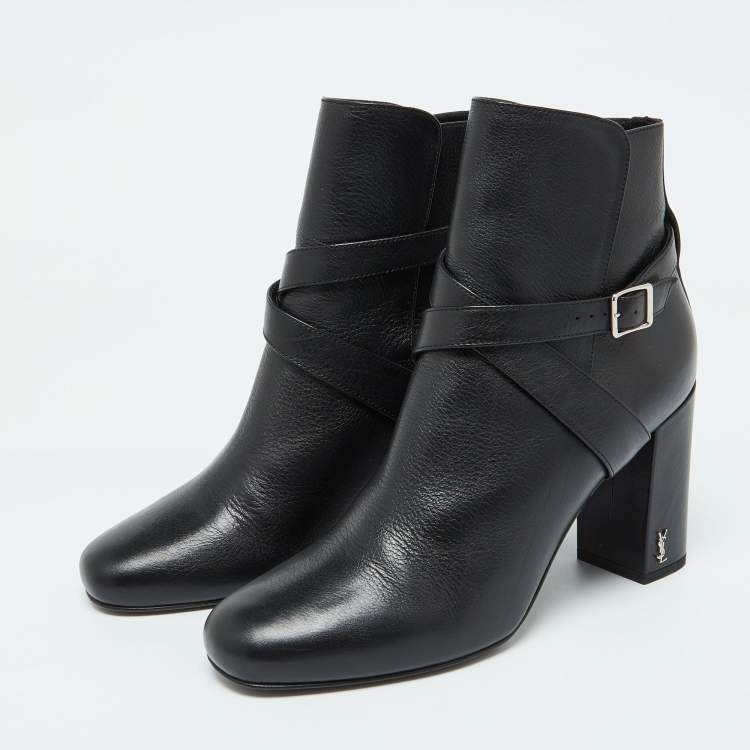 Pre Owned Saint Laurent Black Leather Ankle Length Boots Size 39
