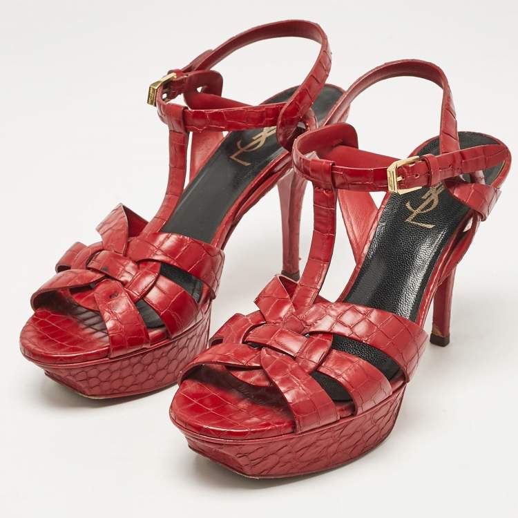 Pre Owned Saint Laurent Red Croc Embossed Leather Tribute Platform Sandals Size 37
