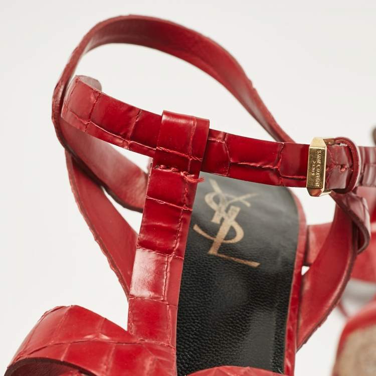 Pre Owned Saint Laurent Red Croc Embossed Leather Tribute Platform Sandals Size 37