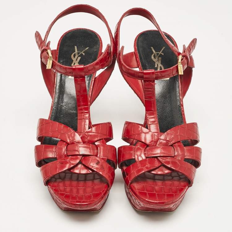 Pre Owned Saint Laurent Red Croc Embossed Leather Tribute Platform Sandals Size 37