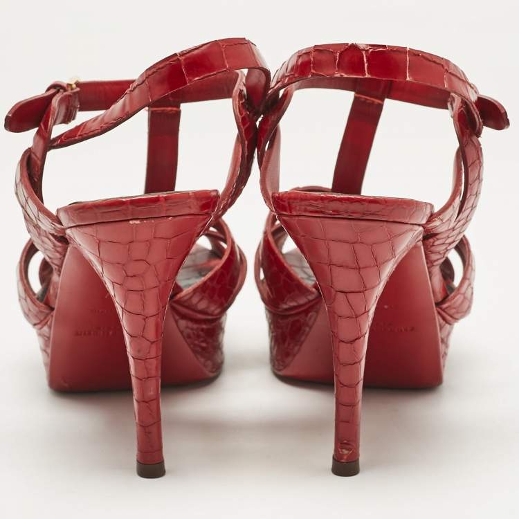 Pre Owned Saint Laurent Red Croc Embossed Leather Tribute Platform Sandals Size 37