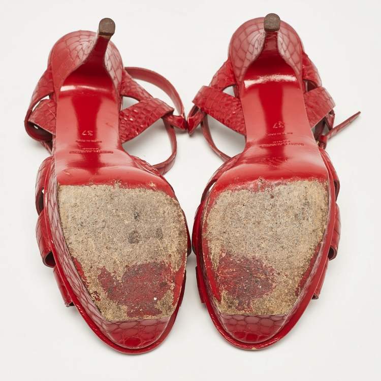Pre Owned Saint Laurent Red Croc Embossed Leather Tribute Platform Sandals Size 37