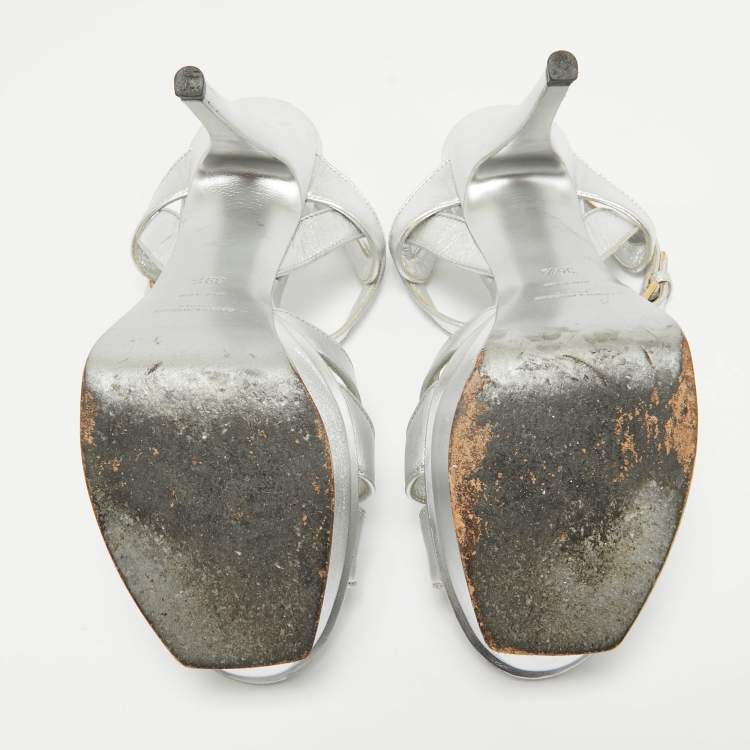 Pre Owned Saint Laurent Silver Leather Tribute Platform Sandals Size 39.5