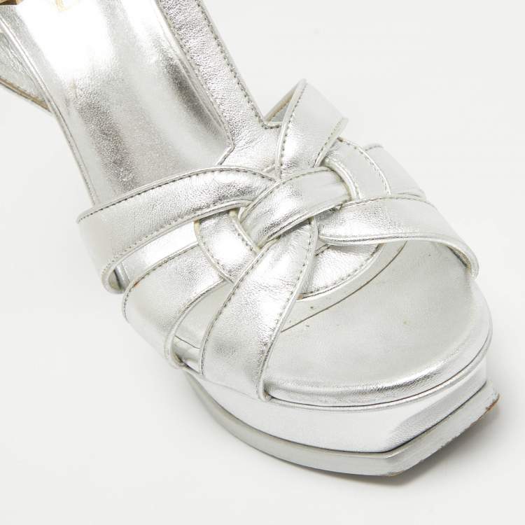 Pre Owned Saint Laurent Silver Leather Tribute Platform Sandals Size 39.5