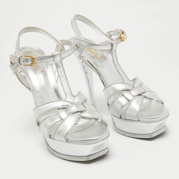 Pre Owned Saint Laurent Silver Leather Tribute Platform Sandals Size 39.5