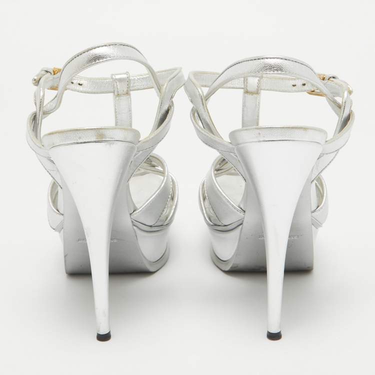 Pre Owned Saint Laurent Silver Leather Tribute Platform Sandals Size 39.5