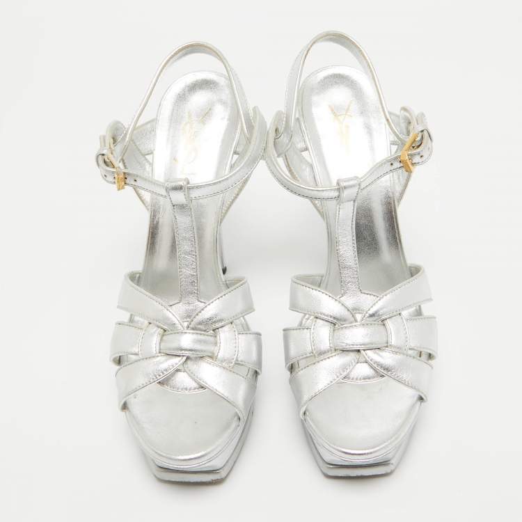 Pre Owned Saint Laurent Silver Leather Tribute Platform Sandals Size 39.5