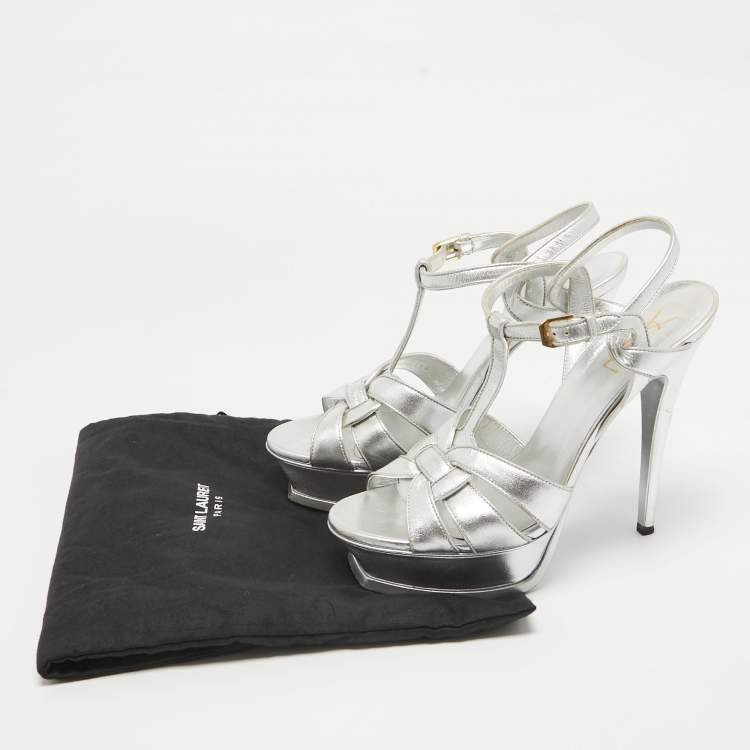 Pre Owned Saint Laurent Silver Leather Tribute Platform Sandals Size 39.5