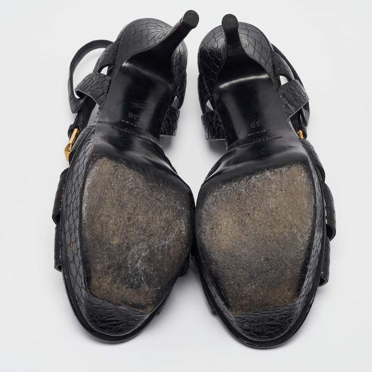 Pre Owned Saint Laurent Black Embossed Croc Tribute Sandals Size 38