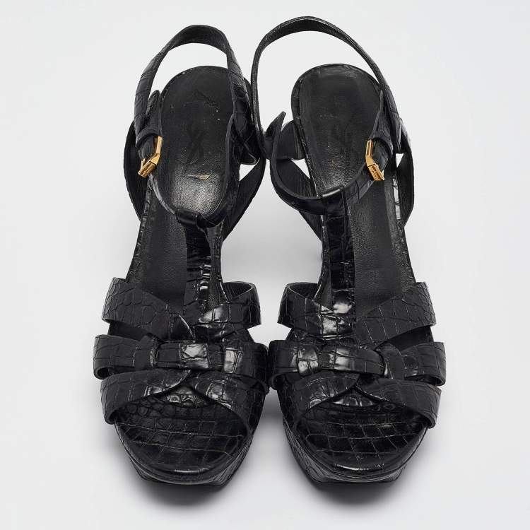Pre Owned Saint Laurent Black Embossed Croc Tribute Sandals Size 38