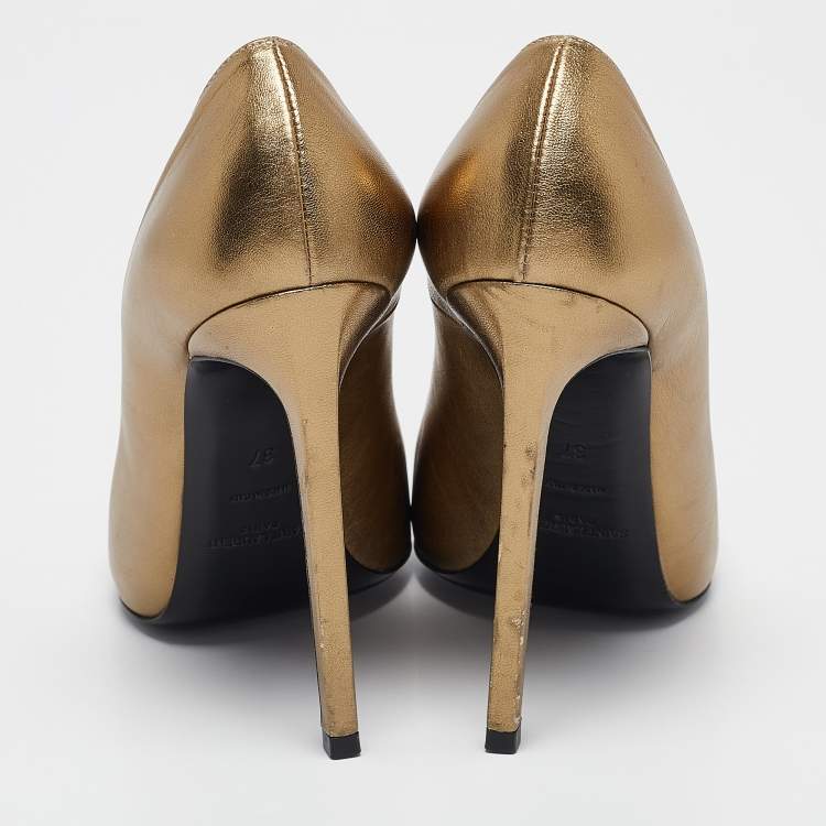 Pre Owned Saint Laurent Gold Leather Peep Toe Pumps Size 37