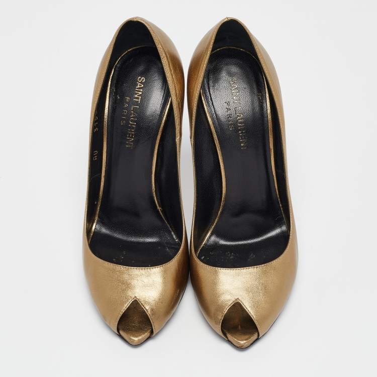 Pre Owned Saint Laurent Gold Leather Peep Toe Pumps Size 37