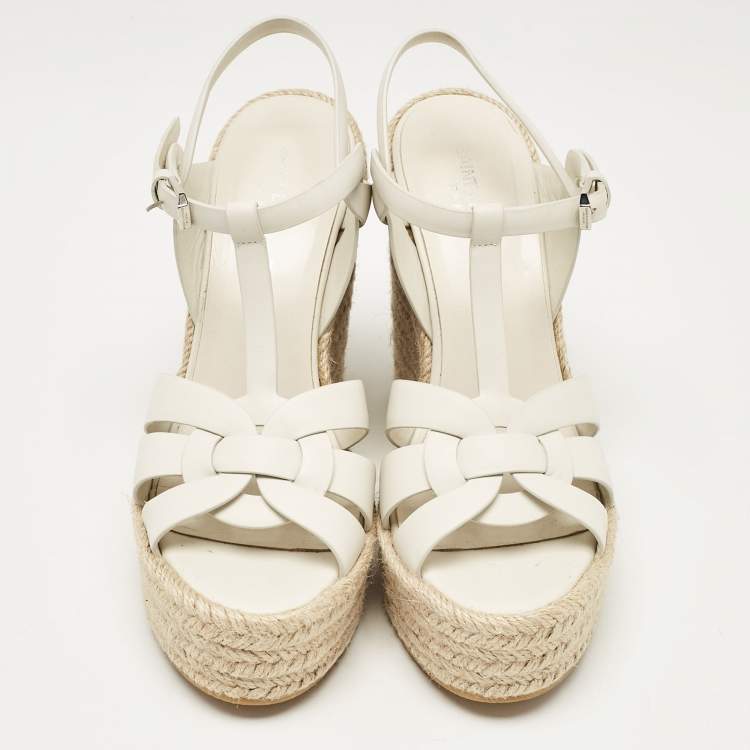 Pre Owned Saint Laurent White Leather Tribute Wedge Sandals Size 39