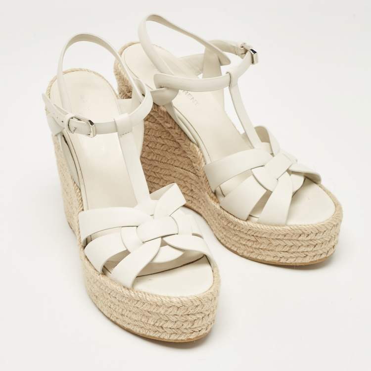 Pre Owned Saint Laurent White Leather Tribute Wedge Sandals Size 39