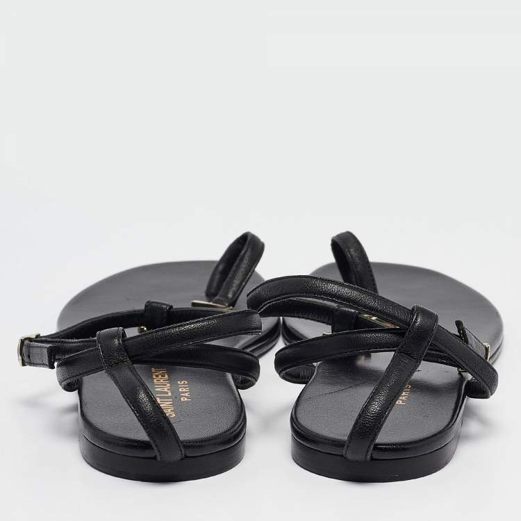 Pre Owned Saint Laurent Black Leather Monogram T Strap Flats Size 36.5
