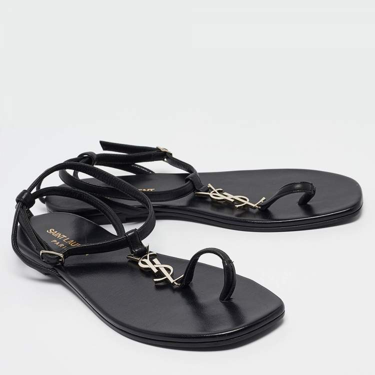 Pre Owned Saint Laurent Black Leather Monogram T Strap Flats Size 36.5