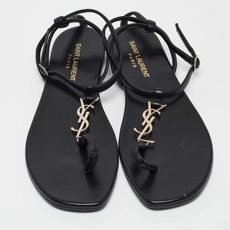 Pre Owned Saint Laurent Black Leather Monogram T Strap Flats Size 36.5