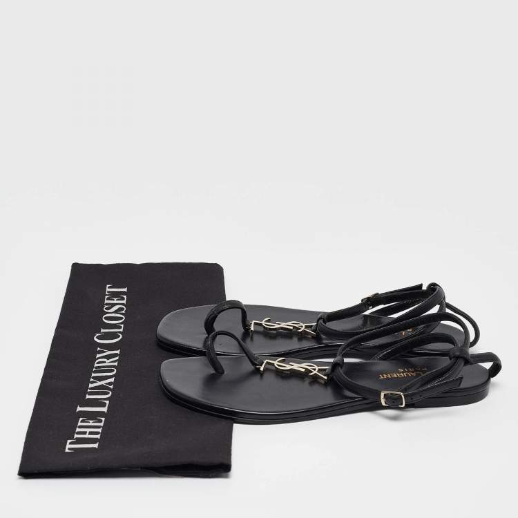 Pre Owned Saint Laurent Black Leather Monogram T Strap Flats Size 36.5